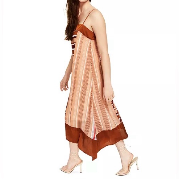 DKNY sleeveless midi slip dress asymmetrical hem mixed stripe brown size SMALL - Picture 5 of 6